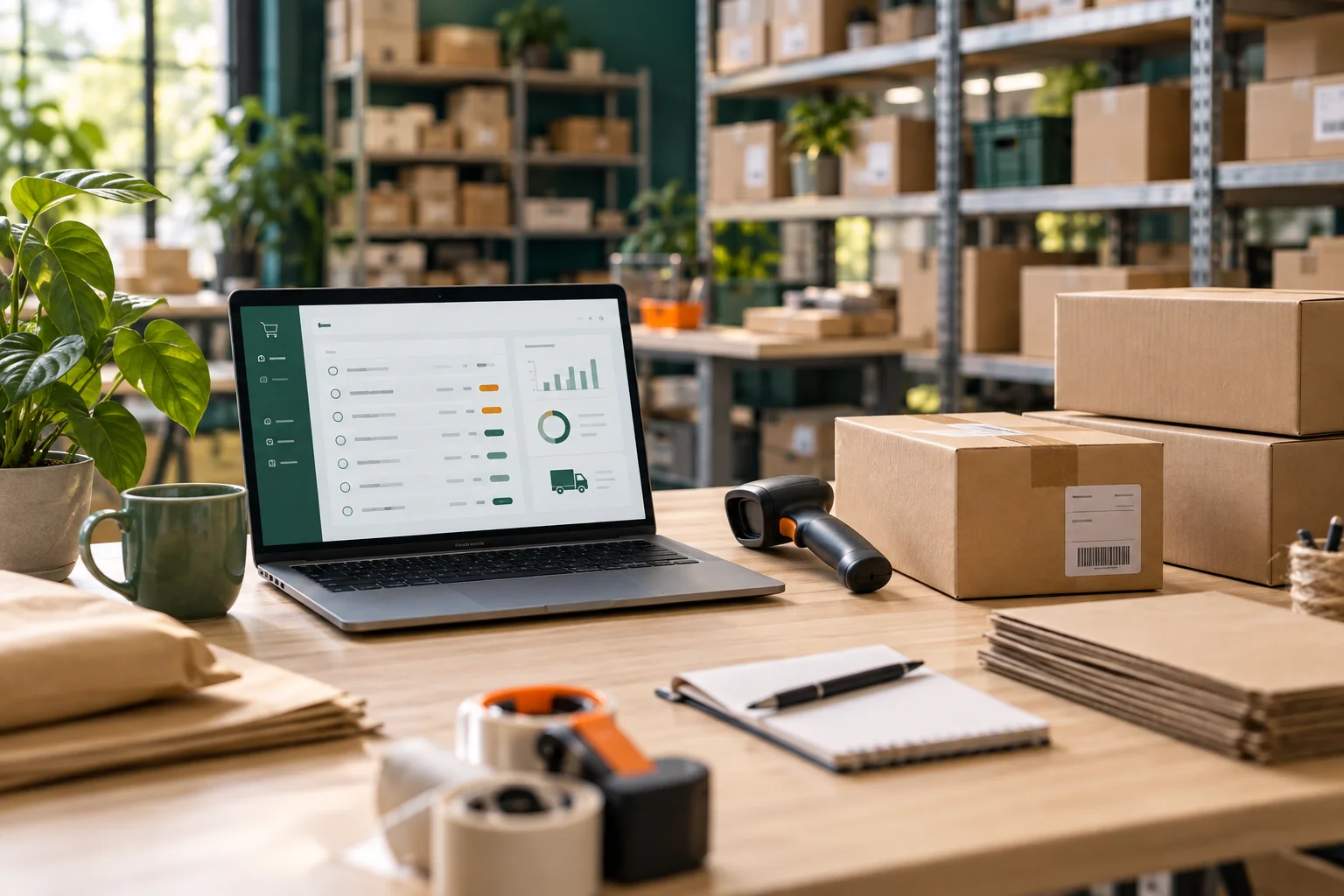 Illustratives KI-Motiv: Onlinebestellungen am Laptop und vorbereitete Pakete am Packtisch